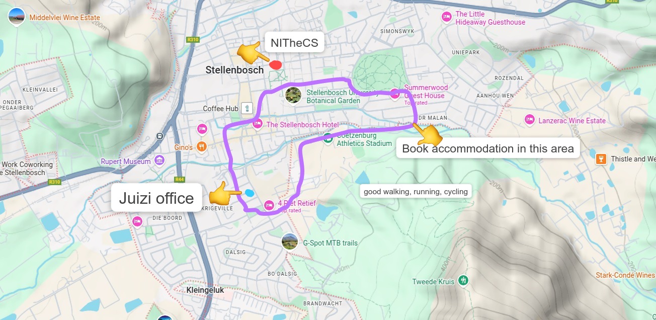 Map of Stellenbosch with accommodation options